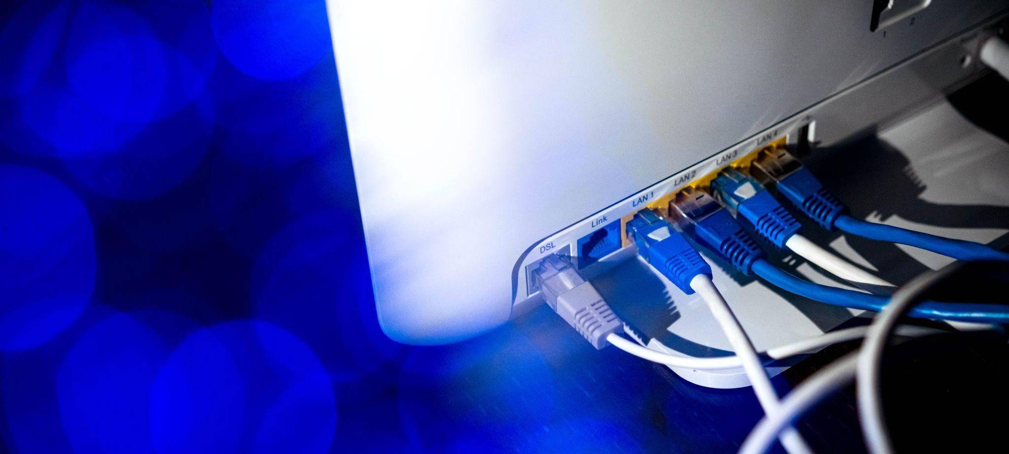 Zahlreiche Netzwerkkabel stecken in einem Router